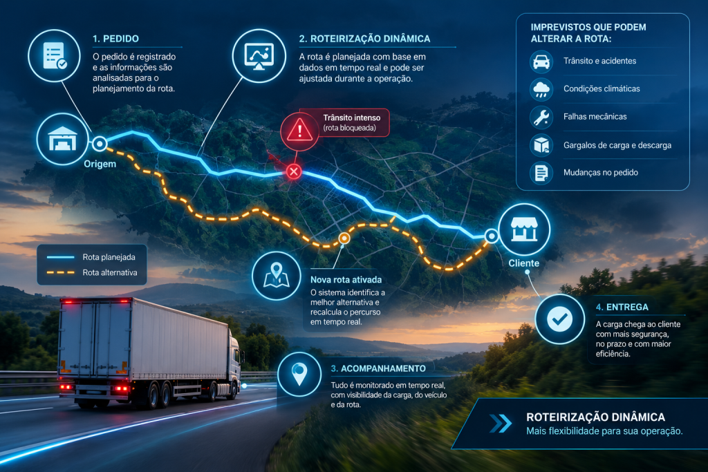 Roteirização dinâmica com rota alternativa e acompanhamento da entrega em tempo real.